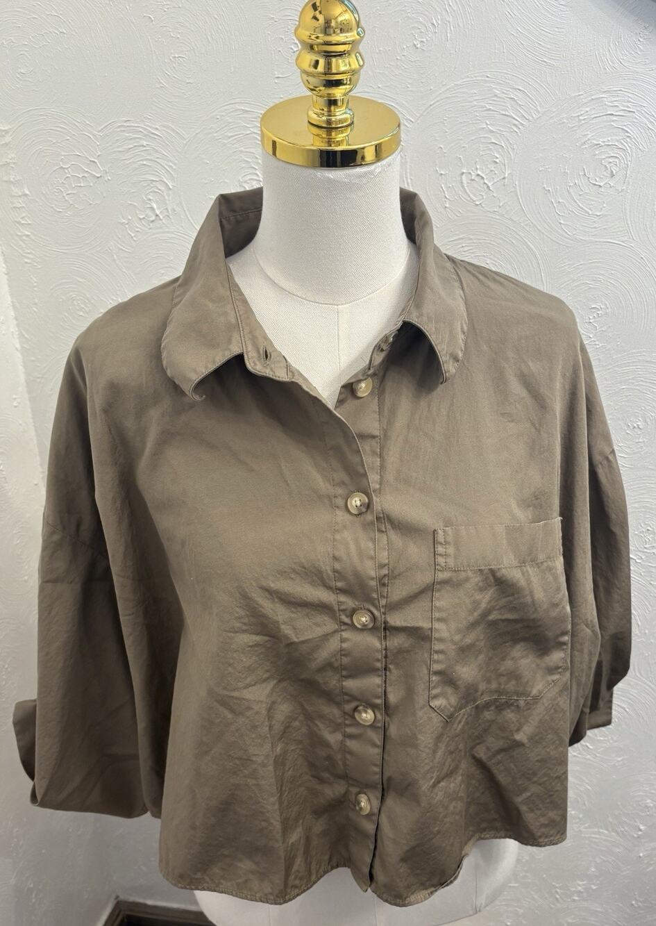 Reiss Solene Oversize Cotton Cropped Shirt Women’s Size 10 Brown Boxy Earthy